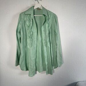 Tin Lizzie Womens Mint Green Long Sleeve Open Front Collared Blouse Top Casual